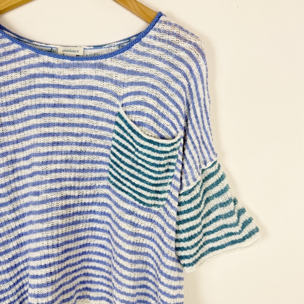 Sundance Journey Joy Open Knit Short-Sleeve Sweater Top Sky Stripe - Picture 5 of 9